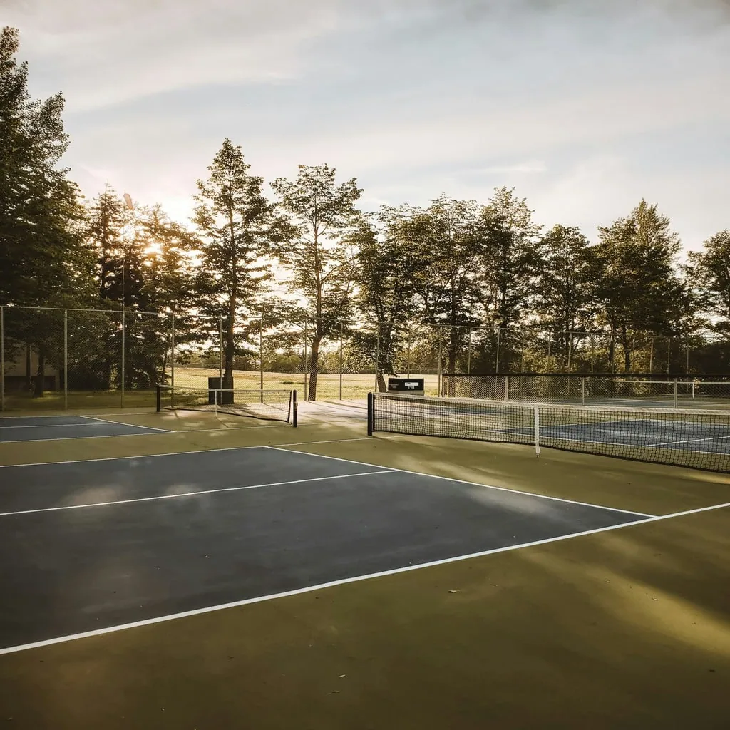 Court de tennis au coucher du soleil, entouré de pins