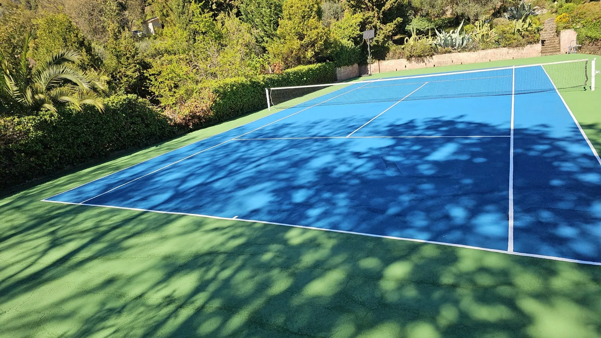 Court de tennis bleu clair à l'ombre des arbres