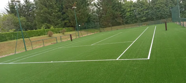 Court de tennis en gazon synthétique vert entouré d'arbres