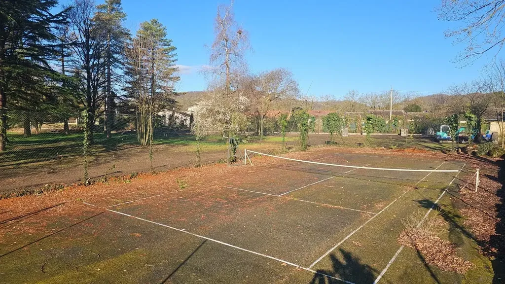 Court de tennis rouge terni dans un jardin, avant rénovation