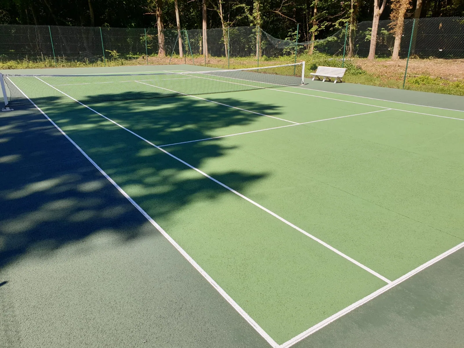 Court de tennis vert aux lignes blanches, ombres d'arbres