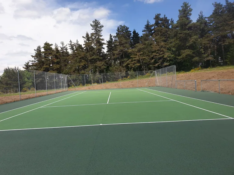Court de tennis vert bordé de pins