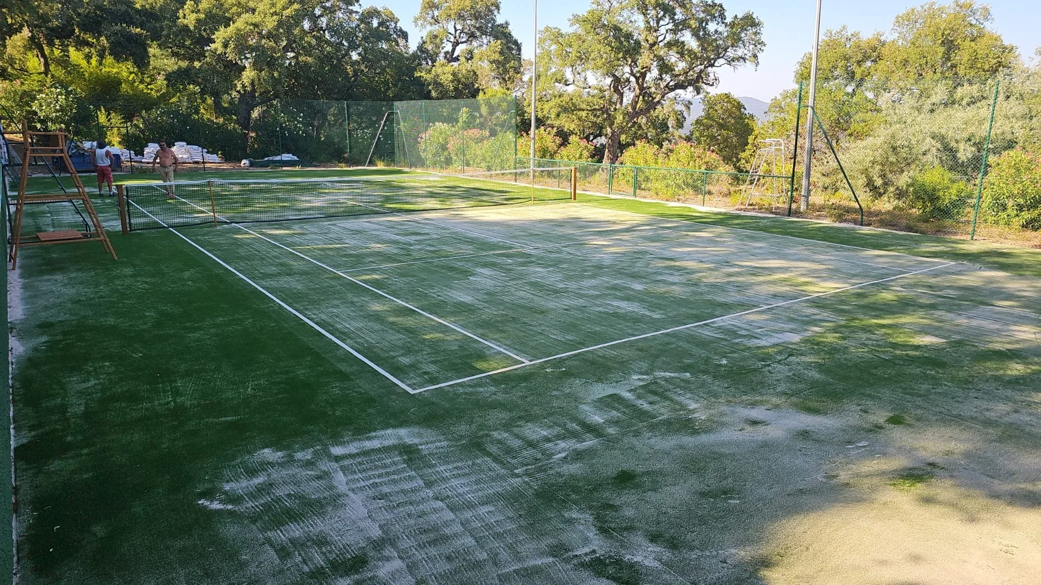 Court de tennis vert encrassé avant nettoyage
