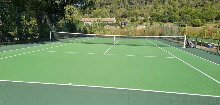 Court de tennis vert entouré de végétation