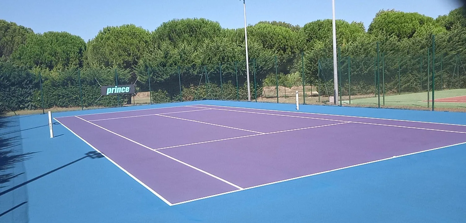 Court de tennis violet et bleu entouré de pins