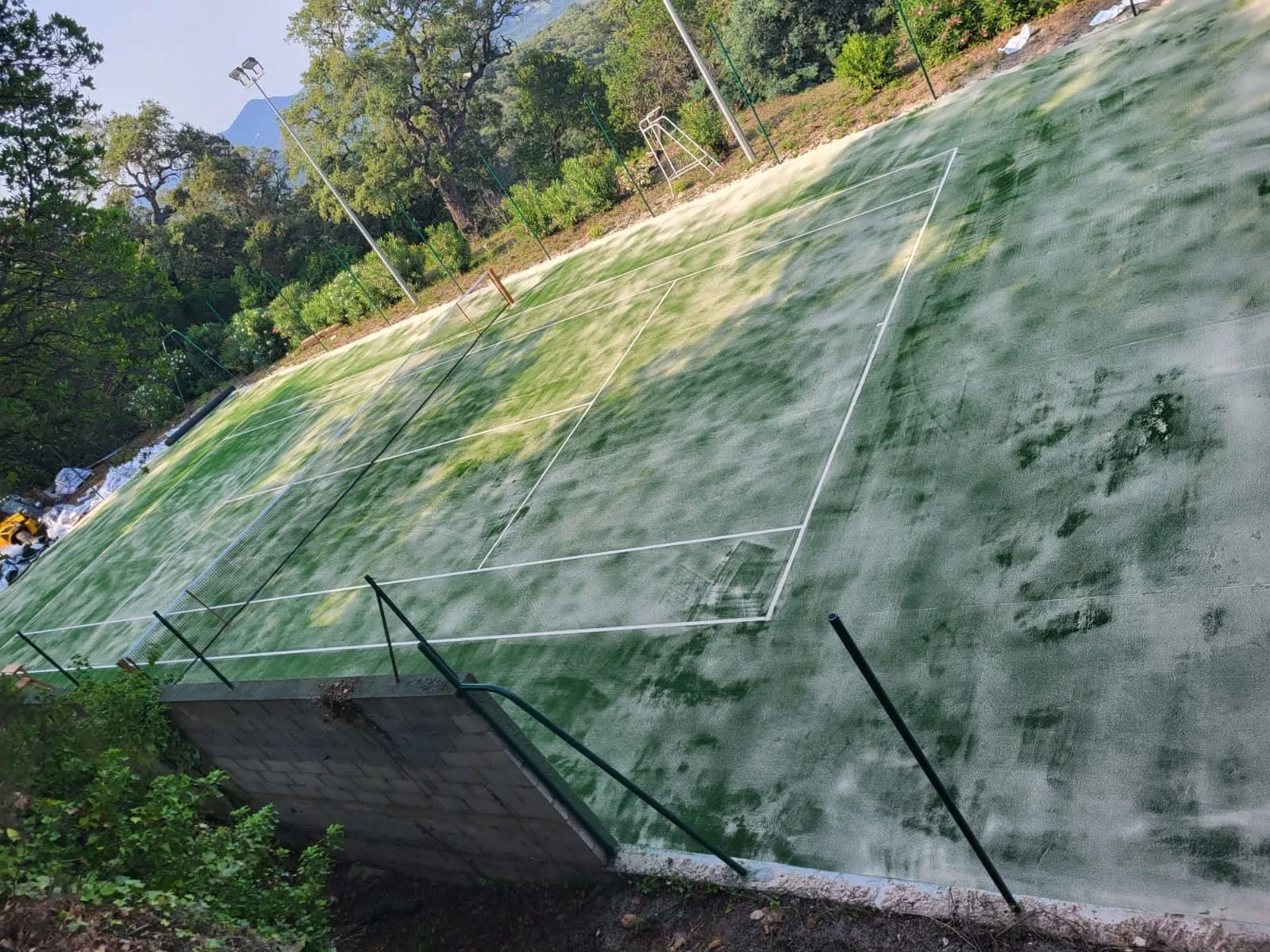 Court de tennis vu en surplomb, couvert de mousse et de taches avant travaux