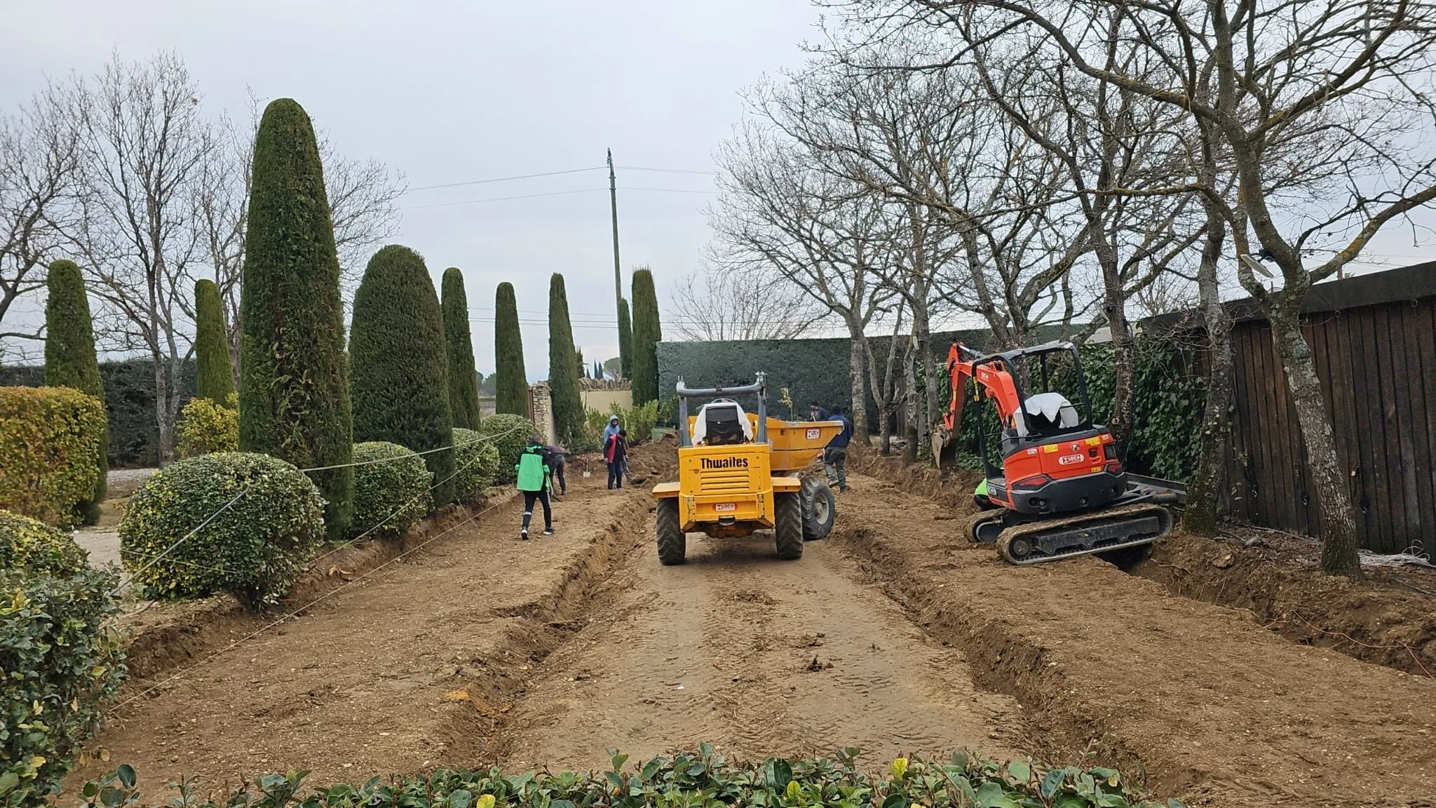 Terrassement d'un court entre deux rangées de cyprès