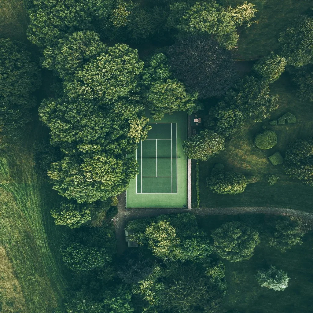 Vue aérienne d'un court de tennis vert entouré d'arbres